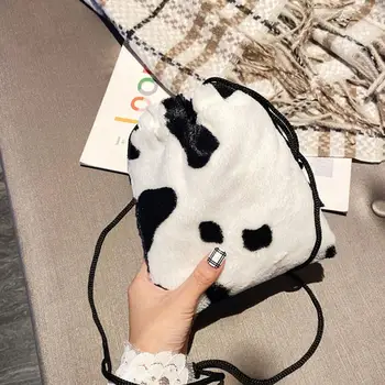 

Newest Women Girl Drawstring Shoulder Small Pouch Fashion Exquisite Shopping Bag Mini Cow Milk Printed Plush Crossbody Bags