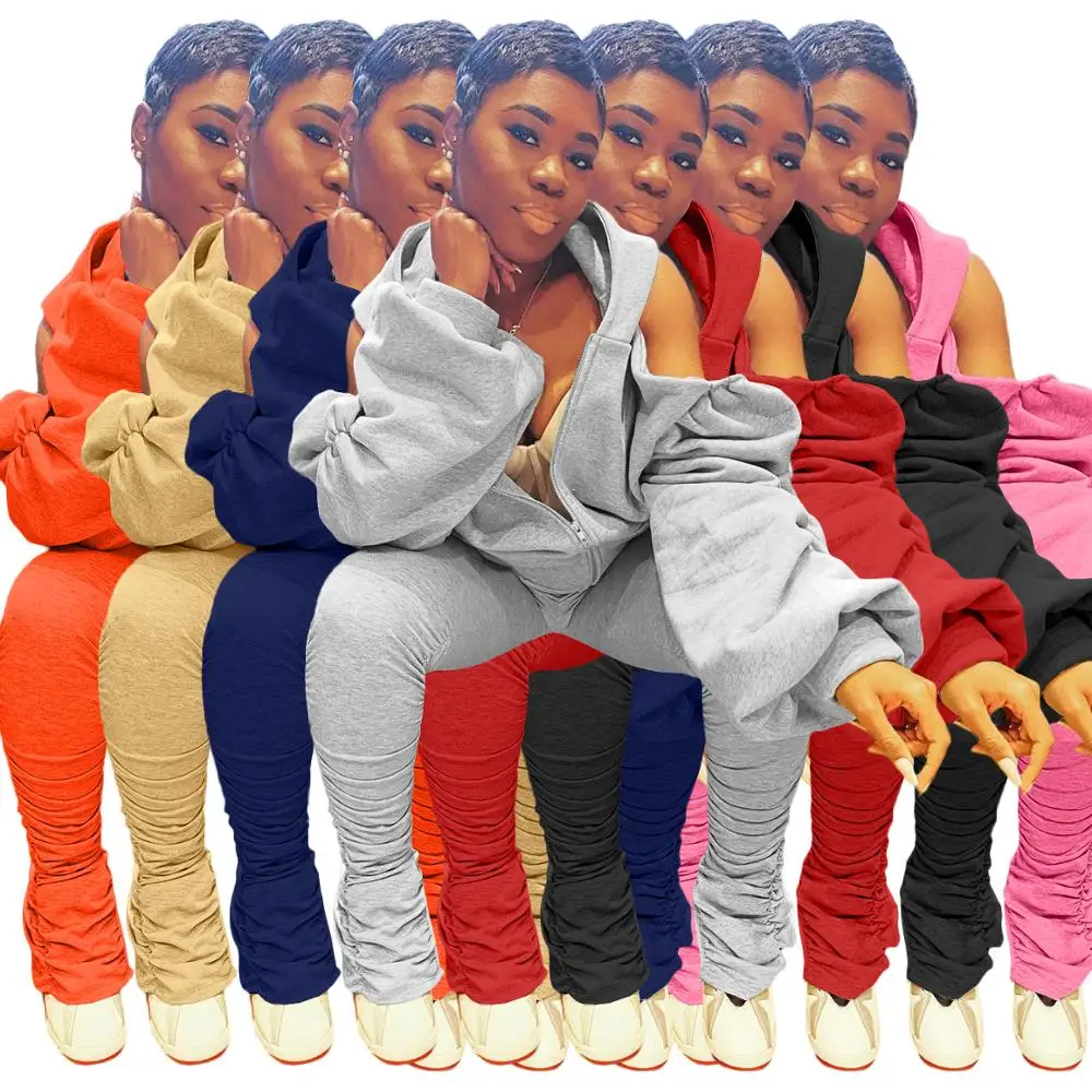 

Fashion Women Sexy Backless Two Piece Outfits Set Puff Sleeve Hooded Zippers Sweatshirts and Pleated Split Pants Tracksuits