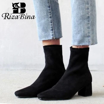 

RIZABINA Simple Office Lady Autumn Winter Ankle Boots Solid Color Mid Heel Stretch Boots High Quality Women Footwear Size 34-39