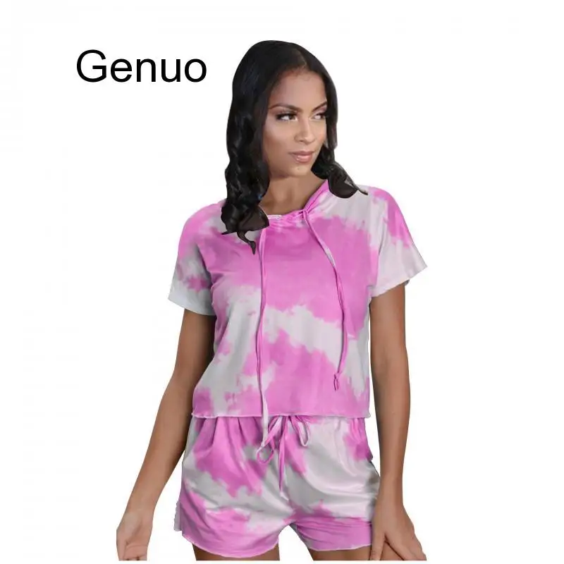 Women  Two Piece Suit Lounge Wear Summer Clothing Tie Dye 2 Piece Set Short Sleeve Nightgown Suit Casual Homesuit 2020