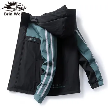 

Brin Wolf Brand Spring autumn Mens Fashion Outerwear Windbreaker Men' S Striped Thin Jackets Hooded Casual Sporting Coat clothes