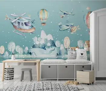 

Carton Blue Wall Murals Hot Air Balloon Hand Painting Kids Bedroom 3d Photo Wallpaper Mural Cloth Paper Wall Papers Home Decor