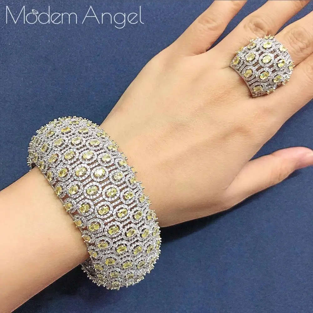 Gold ModemAngel Charms Cubic Zircon All Over Full Bangle Ring 2PCS Jewelry Sets For Women Brand Nigerian Dubai Wedding Jewelry S - Окраска металла: Gold