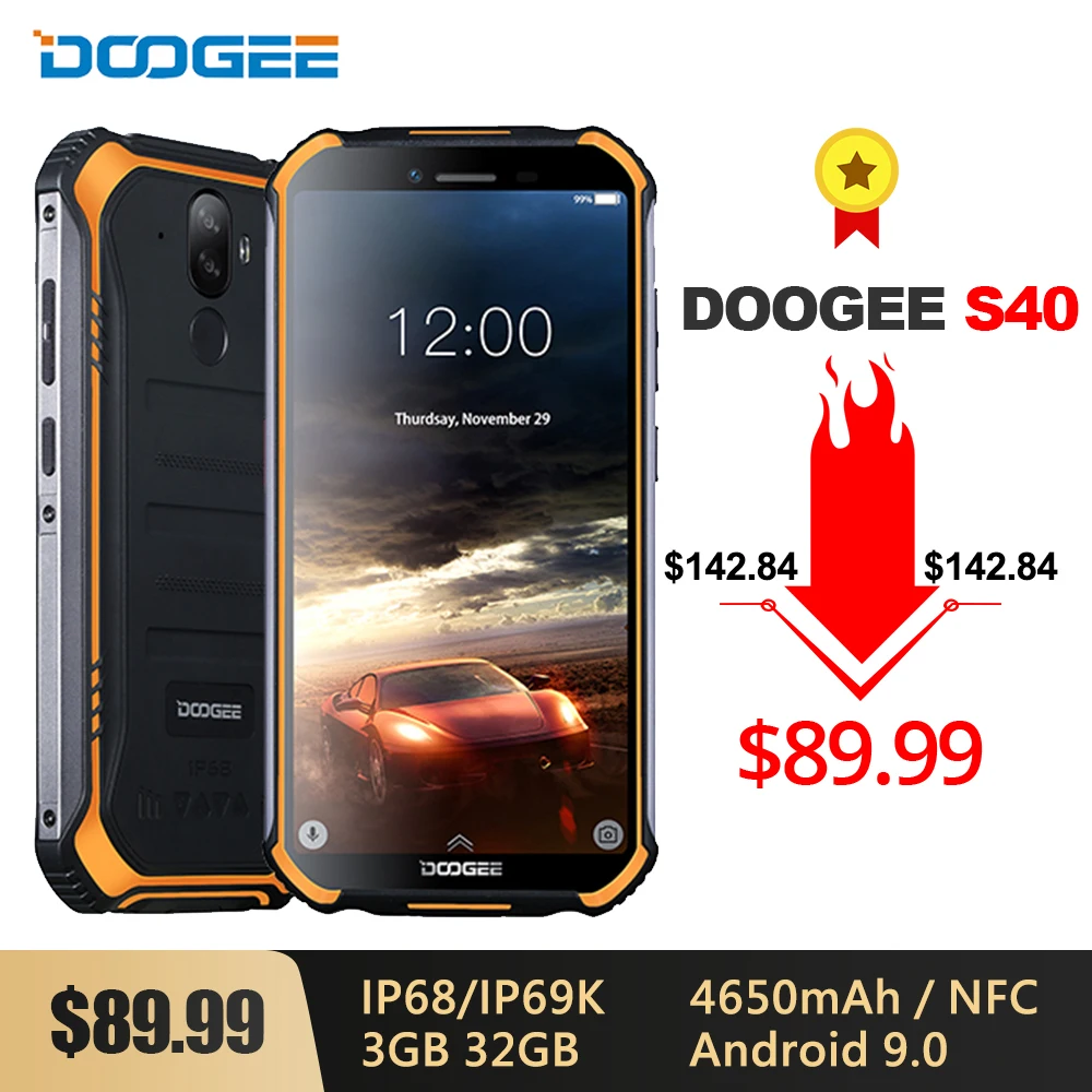  DOOGEE S40 IP68/IP69K 4G Rugged Mobile Phone 4650mAh Android 9.0 5.5'' 18:9 MT6739 Quad Core 3GB 32