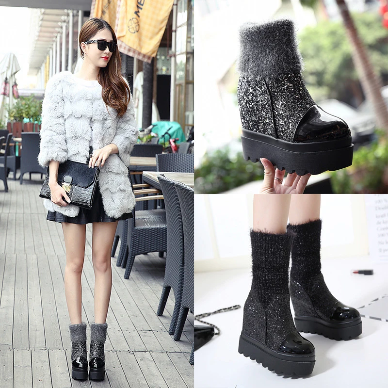 

silver/black bling platform wedges women socks boots patchwork patent leather/knitted/sequins cloth mid-calf chelsea botas shoes