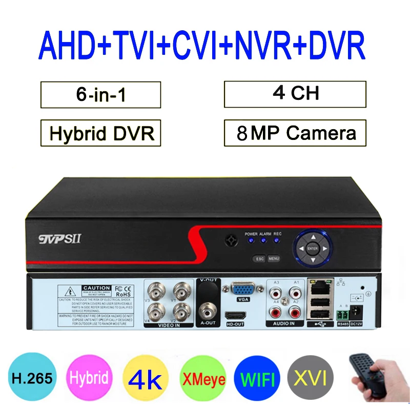 Красная панель Hi3521D Xmeye аудио 4K 8MP 4CH 4 канала H.265 + гибридный 6 в 1 XVI TVI CVI NVR AHD CCTV DVR