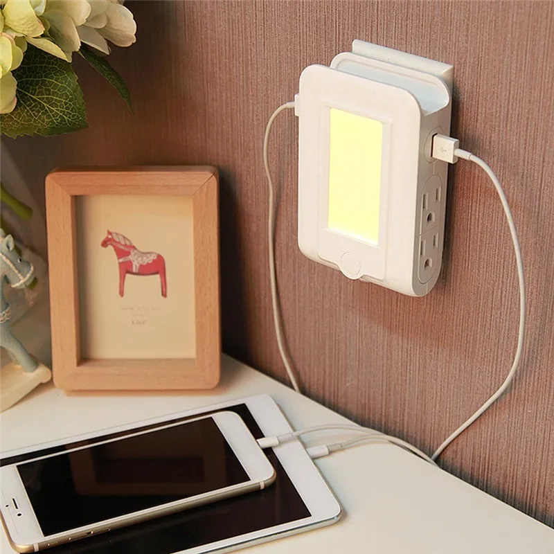 Wall Mount Charger 2 USB Ports and 4 AC Outlets Charging Station LED Night Light with Phone Holder Lamparas 40DEC1001