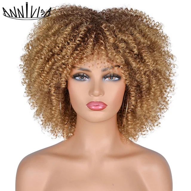 Short Hair Afro Kinky Curly Wigs With Bangs African Synthetic Ombre Glueless Cosplay Wigs For Black Women High Temperature 33-27