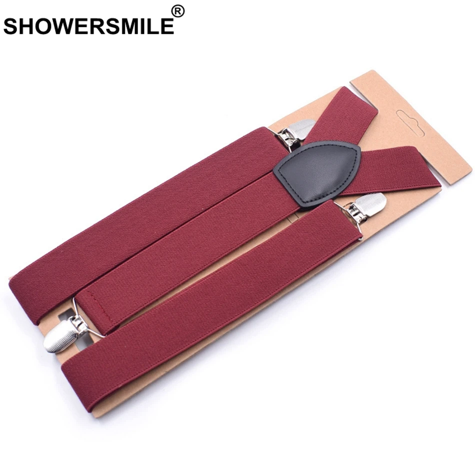 Коричневые подтяжки SHOWERSMILE широкие мужские для брюк взрослых бордового цвета