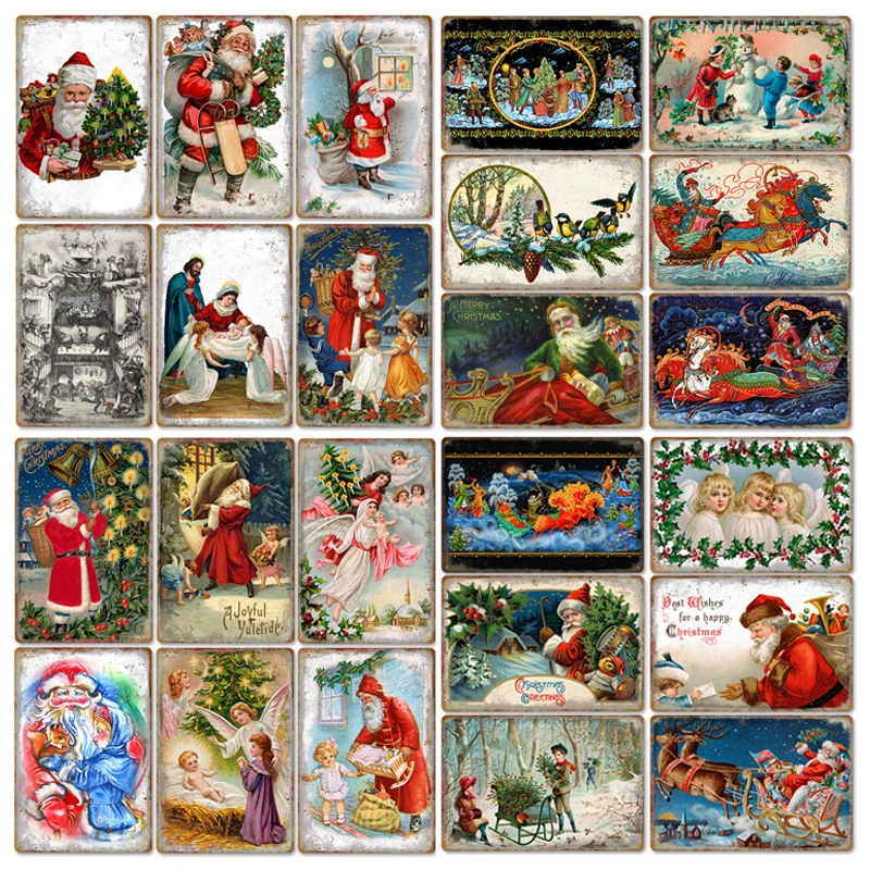 

Merry Christmas Santa Claus Metal Poster Art Signs Christmas Tree Tin Sign Festival Painting Home Kitchen Wall Decor Tin Plaques