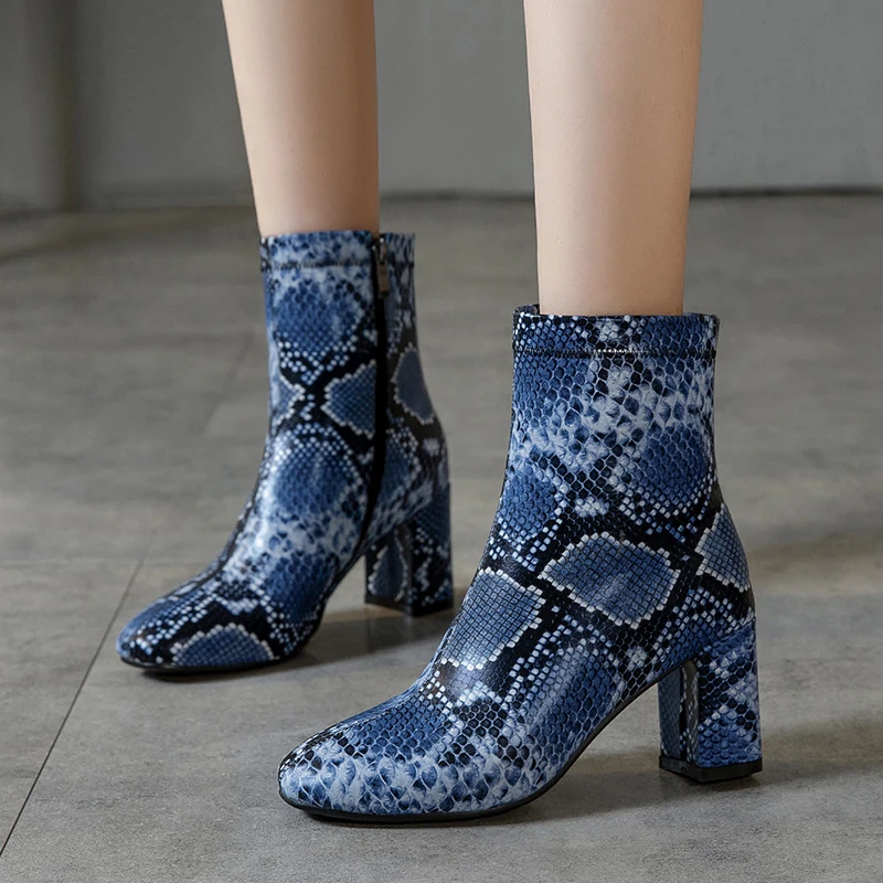 

AIWEIYi Ankle Boots For Women Snake Print Square Heel High Heels Boots Fur Keep Warm Short Boots Fashion Ankle Boots Red Blue