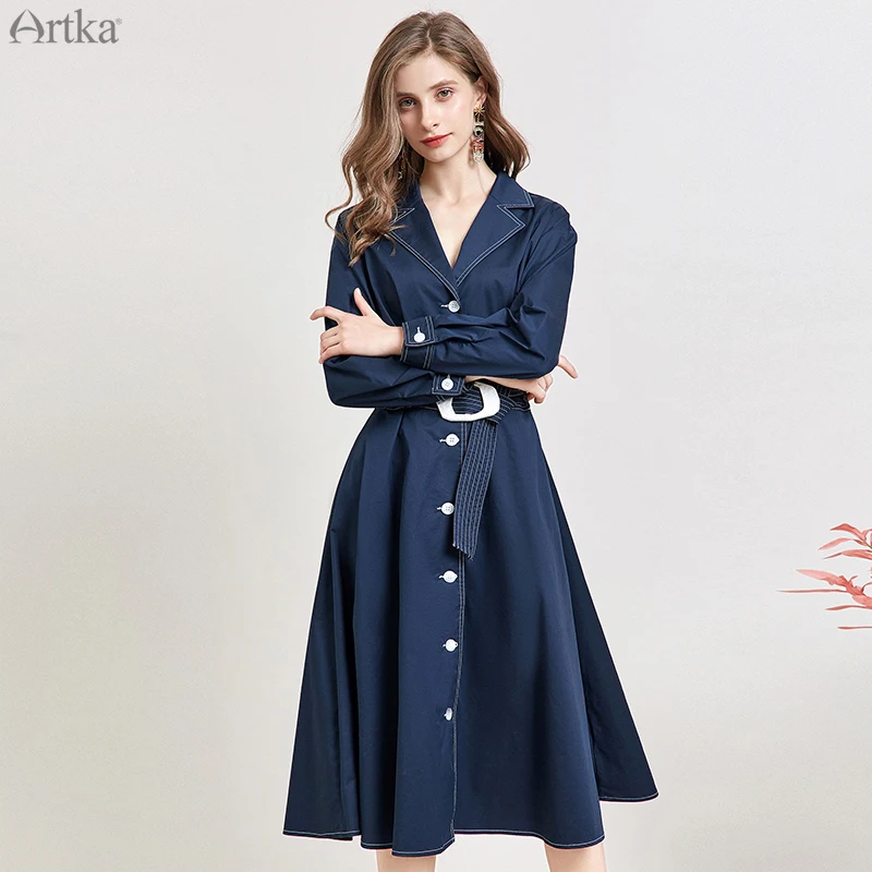 ARTKA 2019 осенний Женский Тренч модное длинное пальто с отложным воротником поясом