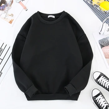 Image of 10 Colors Winter Grey Hoodie Round Neck Long Sleeve Velvet Warm Sweatshirts Women Korean Black Loose Hoodies Female Casual Coat