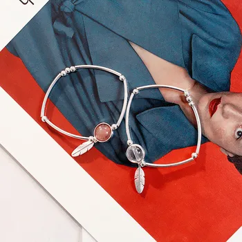 

Elegant Pink Crystal Feather Leaf Bracelets Women Hipster Strawberry Crystal Hand Jewel