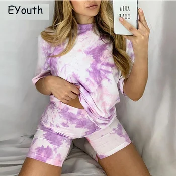 

Women Set Summer Tie Dye Short Sleeve Top Shirt Loose And Biker Shorts Casual Two Piece Set Streetwear Outfits Tracksuits