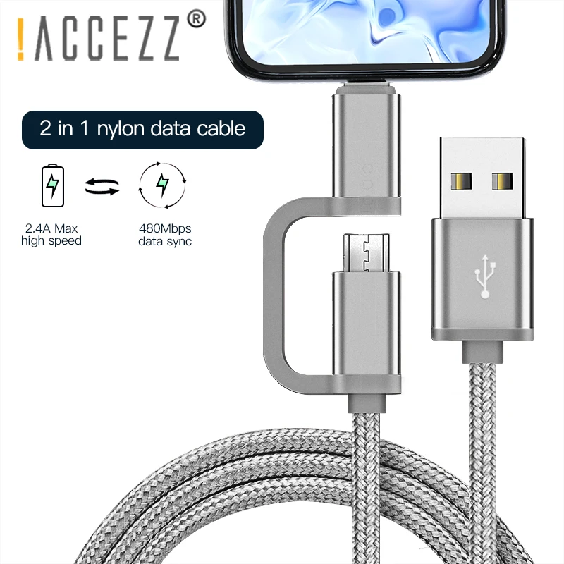 ! ACCEZZ 2 в 1 Micro USB кабель для зарядки и синхронизации данных 8Pin iPhone 7 8 Plus X iPad Mini