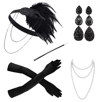 

Halloween Accessories Headband Necklace Gloves Cigarette Holder Flapper Costume Accessories Set for Women