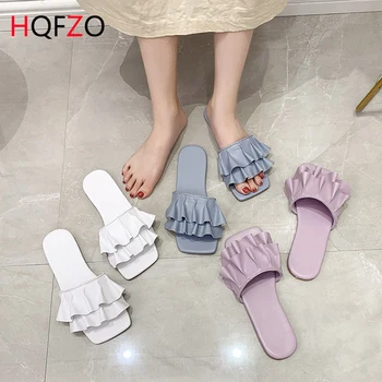 

HQFZO Fashion Flat Women Slippers Non-slip PU Leather Slides Low Heels Women Summer Ruffles Flip Flops Women Slates