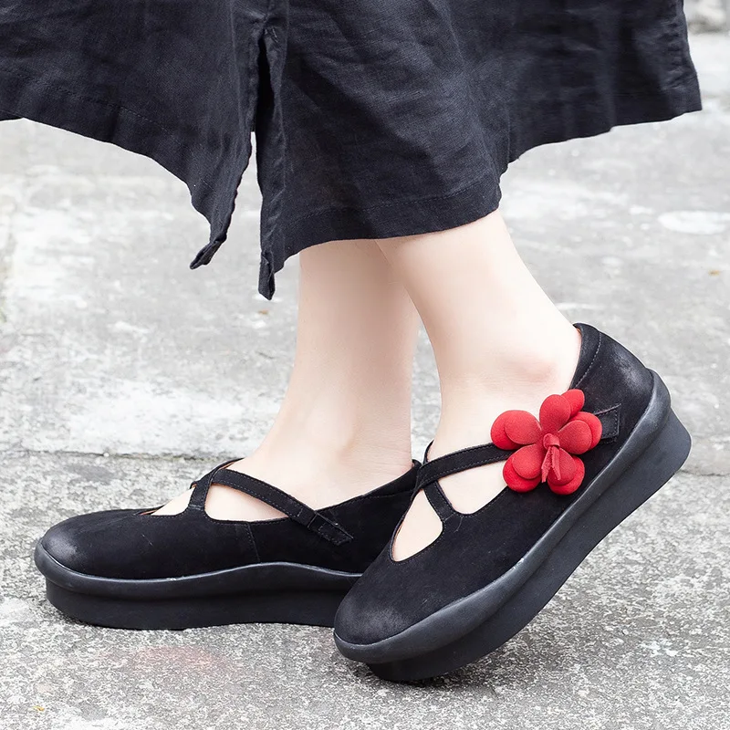 

Tenige Genuine Leather Handmade Literature And Art Women's Shoes Summer Flower Duo Muffin With Toe Cap Layer Cowhide Single