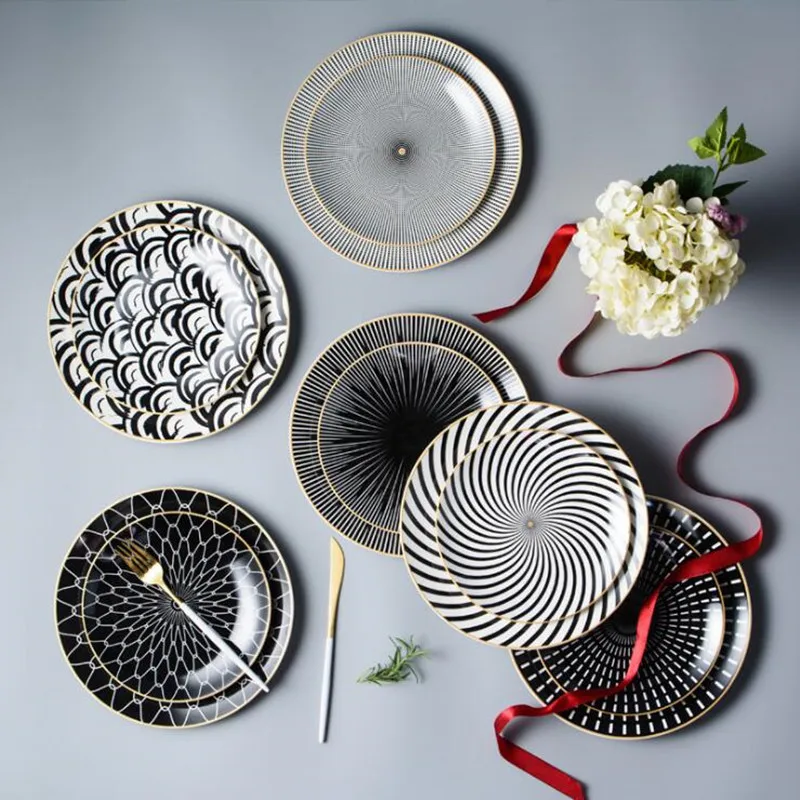 Round Plate With Gold Inlay Dish Serving Plates Dessert Tableware Geometric Pattern Dinner Service Western Kitchen Steak Tray