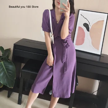 

purple bubble Romantic sleeve dress 2020 new elegant waist slimming wrap skirt French tea break skirt