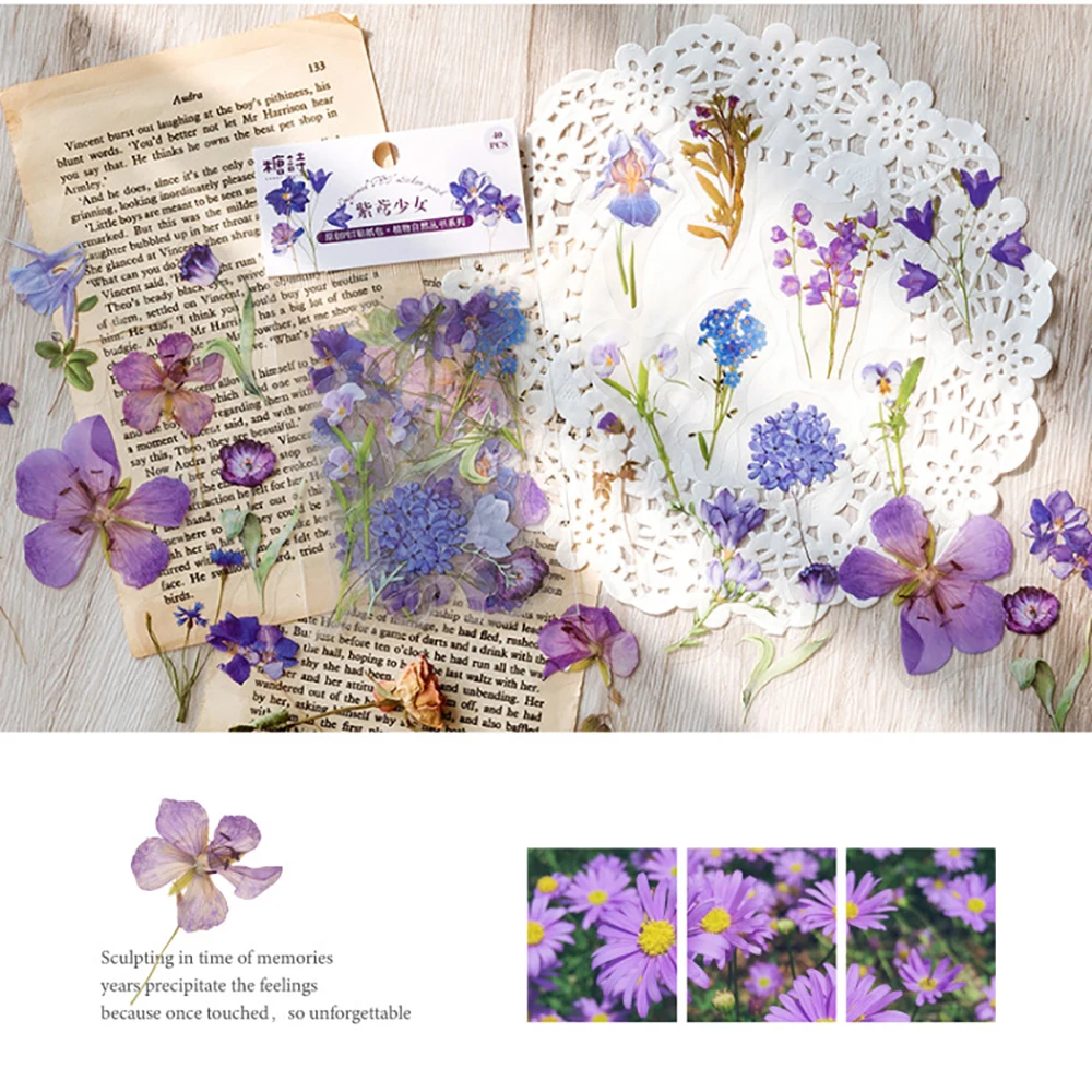 40Pcs/bag Vintage Leaves Flowers PET Sticker Package DIY Diary Decoration Sticker Album Scrapbooking Plants Deco Stickers