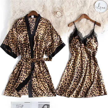 

2020 leopard print sexy pajamas women's home wear Nightgown two piece loose large thin pajamas