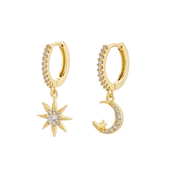 

925 Sterling Silver Moon Star Asymmetric Hoop Earring Fashion Micro Inlaid Zircon Earring Jewelry For Women Gifts S-E1130