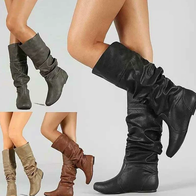 

Women Spring Autumn Flat Long Pu Soft Leather Motorcycle Boot Shoes Lady Party Design Wedge Boots Shoes Plus Size 35-43