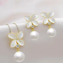 MeiBaPJ 2 Цвета Настоящее серебро 925 проба цветок ювелирный набор натуральный круглый жемчуг кулон и серьги Свадебные украшения для женщин