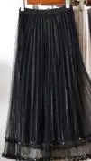 Gold Velvet High Waist Pleated Skirt Mesh Tulle Lace Stitching Sequin Bead Plus Size Two-tiered black Long Skirts women Clothes - Цвет: 855black