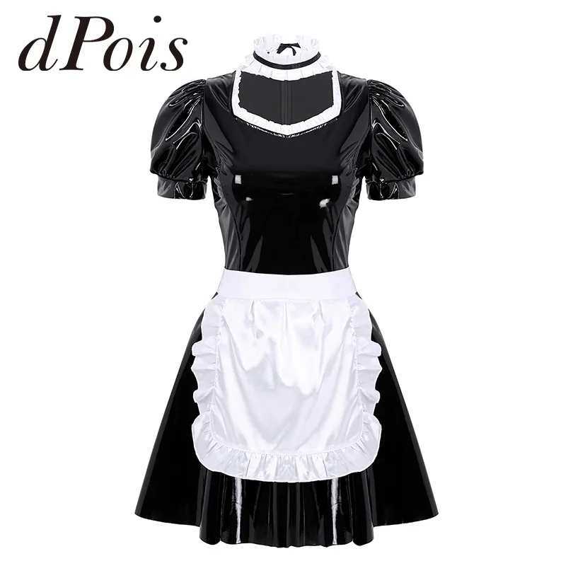 

Women Sexy French Maid Servant Role Playing Costume Shiny Babydoll Fancy Dress Lingerie Erotic Cosplay Princess Uniform Aprons