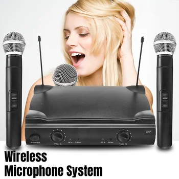 

Professional Dual Microphone VHF Wireless Cordless Handheld Mic System with Receiver for Kareoke Microphone Party KTV Studio