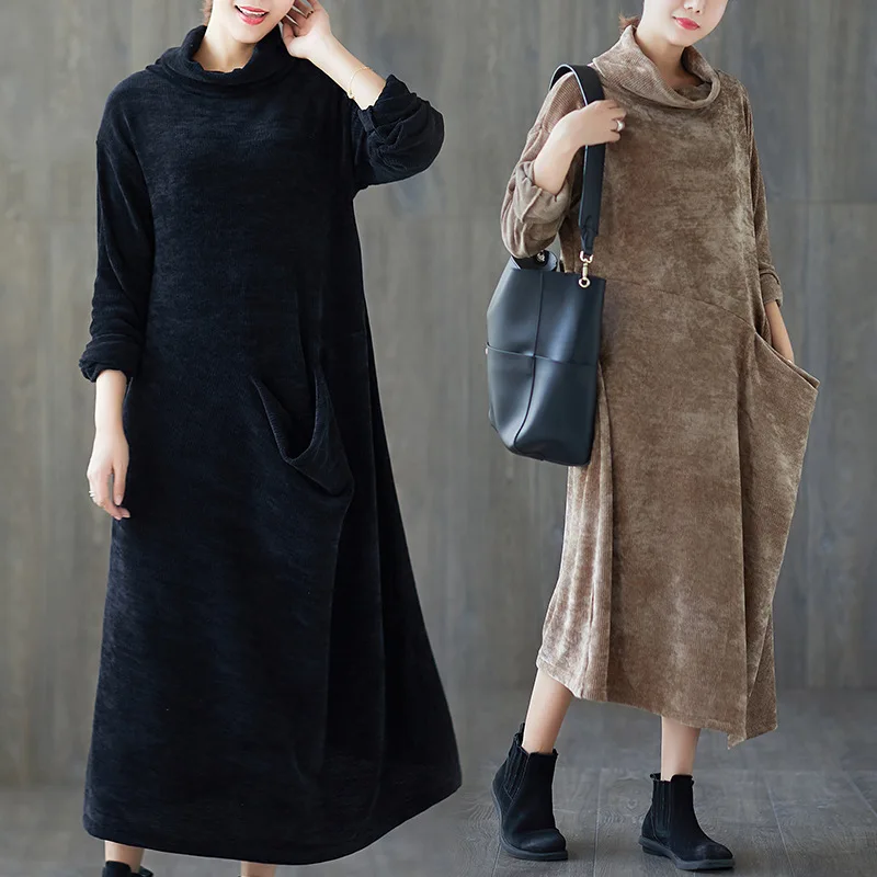 

2018 Autumn And Winter Literature And Art Base Skirt Retro Heap Collar Loose-Fit Extra-large Sack Cloth Rules Dress