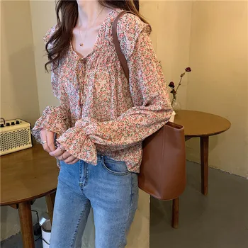 

COIGARSAM French Style Floral Print Shirt Womens tops Vintage Chiffon V-Neck Women shirts Pink Purple Flower 7511