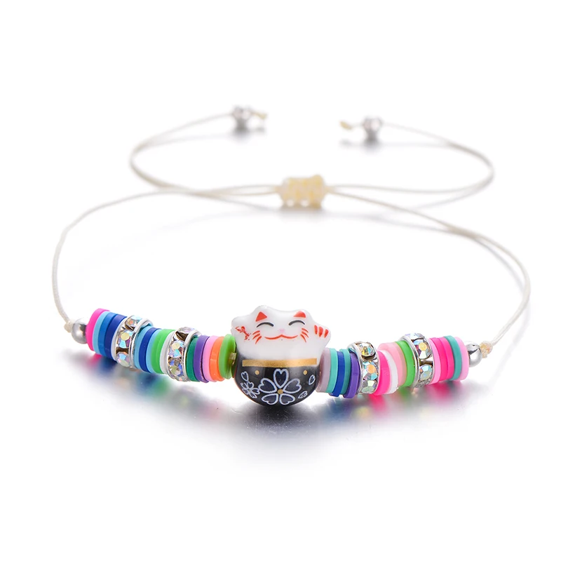 IYOE/детские браслеты ручной работы со смайликом и кошкой для детей, радужные мягкие глиняные бусины керамика со стразами, очаровательный браслет с кошкой, подарок на день рождения