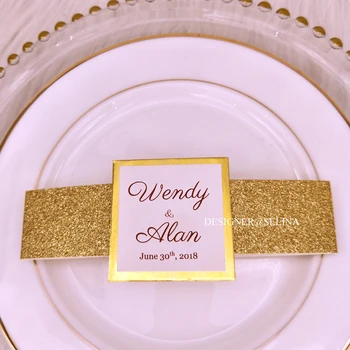 

50pcs Elegant Gold Glitter Belly Band and Tag with Mirror Bottom For Wedding Invitations