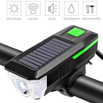 

USB Rechargeable Solar Power Bicycle Light with Horn T6 LED Road Mountain Bike Front Light Headlight 3 Modes Cycling Head Lamp