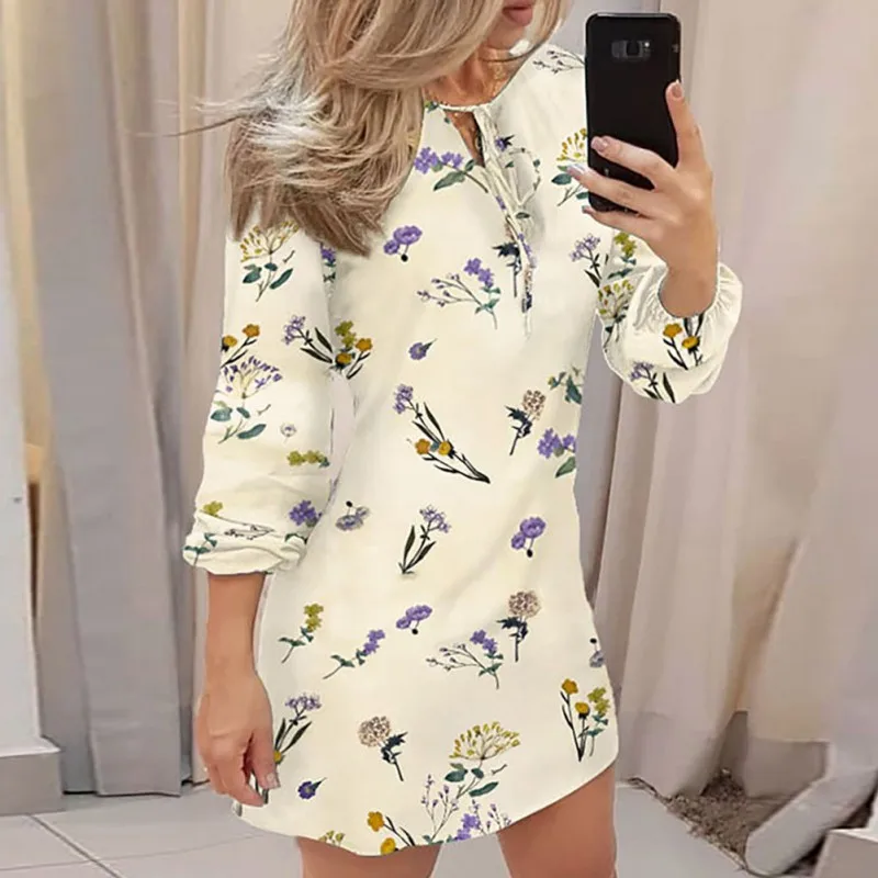 

ROPALIA Autumn Dress Women Fashion Print Bowknot Elegant Dress Slim Loose Dress ropa mujer