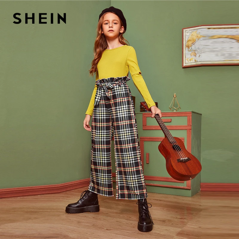 SHEIN Kids/желтая однотонная трикотажная Повседневная футболка в рубчик с открытым рукавом, детский топ, г. Осенние базовые Детские футболки с длинными рукавами и вырезами