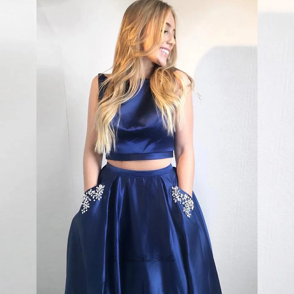 

Two Piece Prom Dresses Boat Neck Beading Long Dress Floor Length Satin A-line Formal Evening Gown With PocketsVestidos De Gala