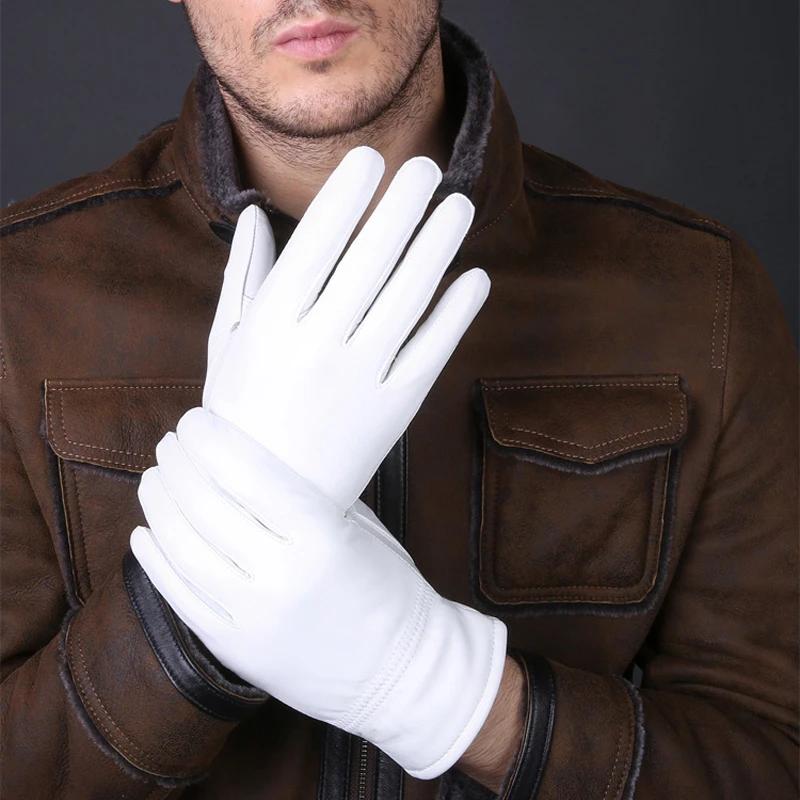 Men's Fashion Genuine Leather Winter Warm White Ceremonial Sheepskin Short Gloves Police Mittens Full Finger sporting Gloves