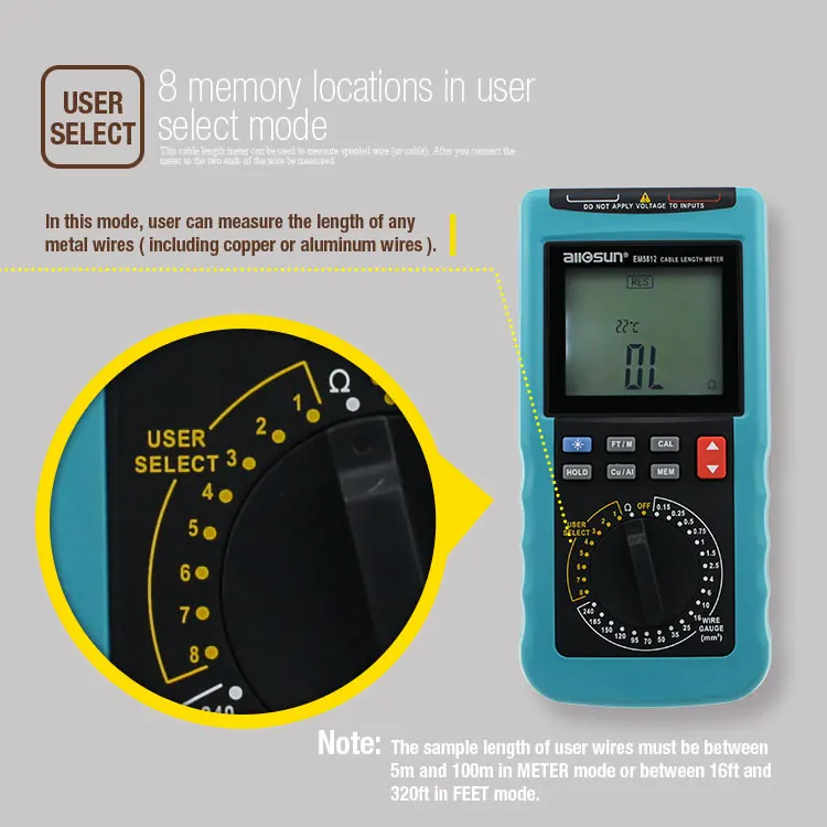 ALL SUN EM5812 Modern Digital Cable Length Meter 4 1/2 Digit Display Automatic Temperature Compensation 20 Pre-Set Wire Gauge