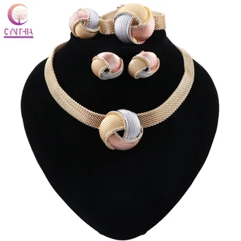CYNTHIA Nigerian Women Wedding Jewelry Sets Dubai Gold color Jewelry Sets African Women Necklace Earrings Bracelet Jewellery