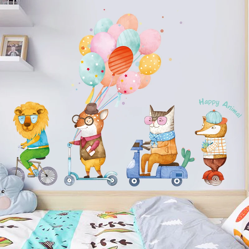 

Cute painted cartoon happy animals wall stickers color balloons kids room kindergarten wall decoration stickers childlike decals