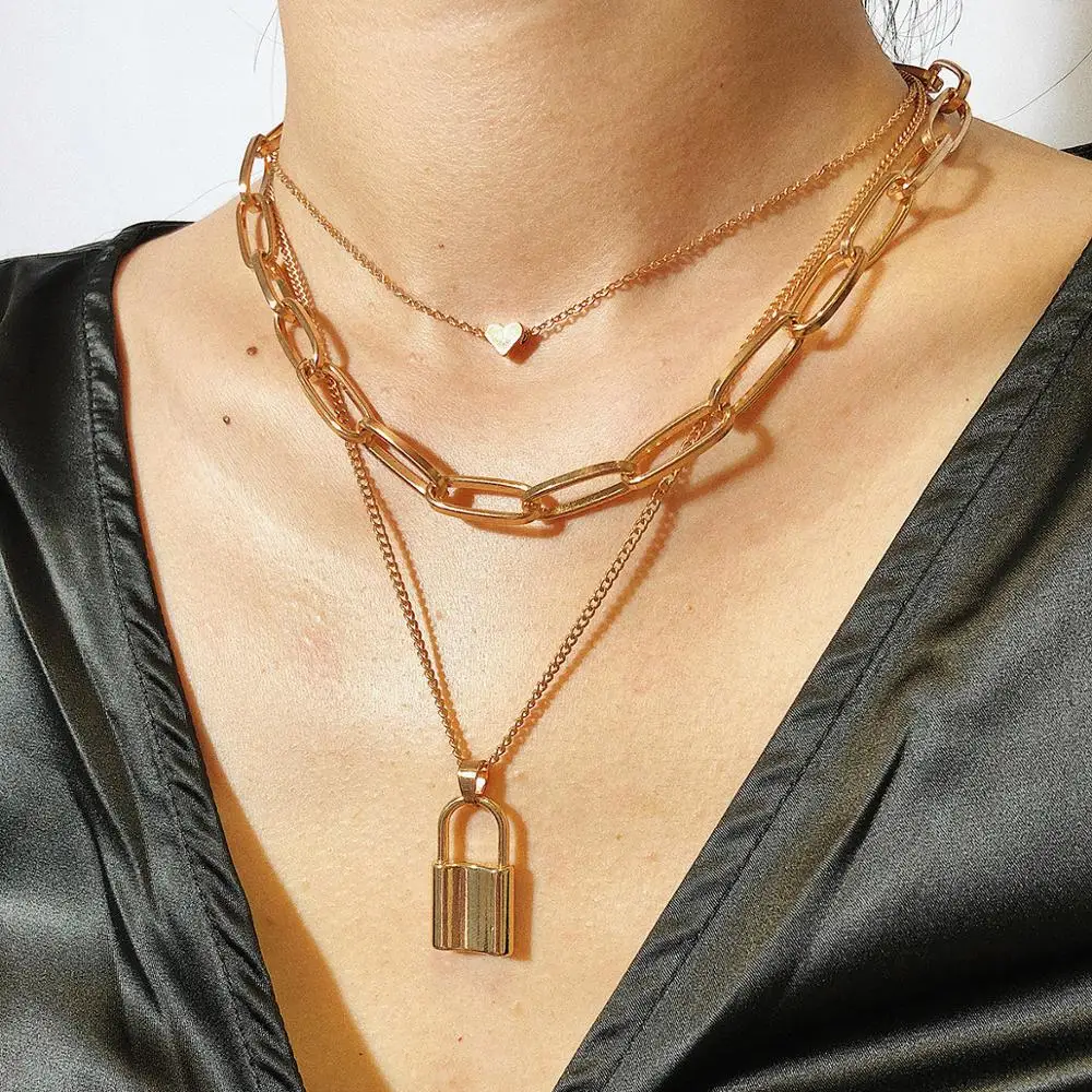 

KMVEXO Multi Layer Lovers Lock Pendant Choker Necklaces Steampunk Padlock Heart Lockchain Necklace Collier Couple Jewelry Gifts