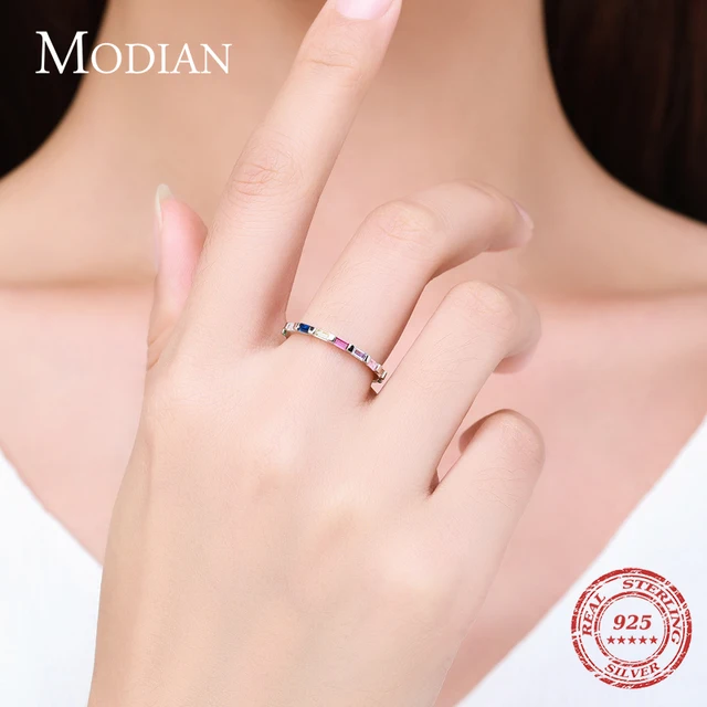 Modian 2021 Real 925 Sterling Silver Rainbow CZ Simple Fashion Finger Ring Stackable Enamel Rings For Women Brand Fine Jewelry 6