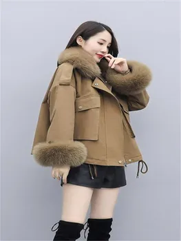 

Fashion Parker Cotton Jacket New ladies winter padded jacket Woman plus velvet padded coat Large fur collar warm cotton coat