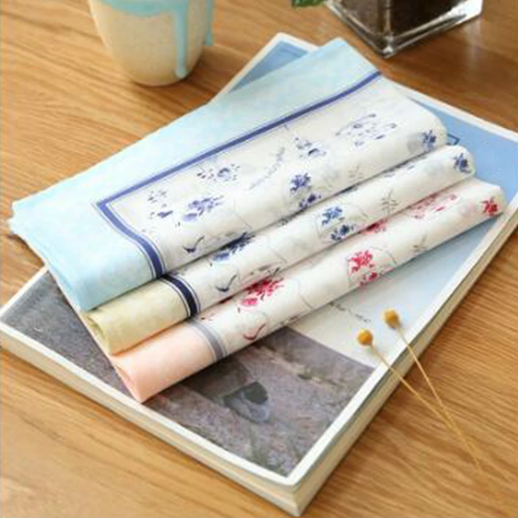 2x Flower Handkerchief Lady Square Pocket  Women 100% Cotton Flower Handkerchiefs Comfy Hanky Hankies Kerchief