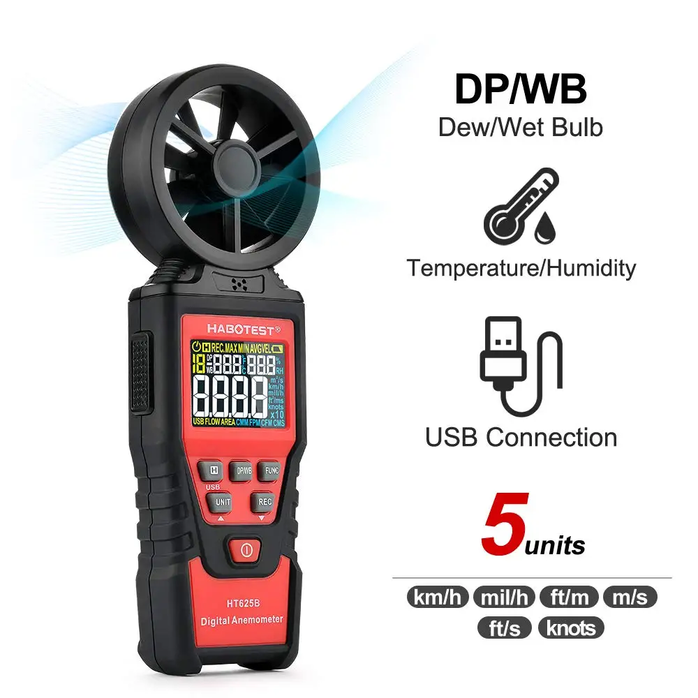 

Anemometer Handheld Digital Wind Speed Meter Gauge Measuring Air Volume Air Speed and Dew Point Wet Bulb Temperature Humidity